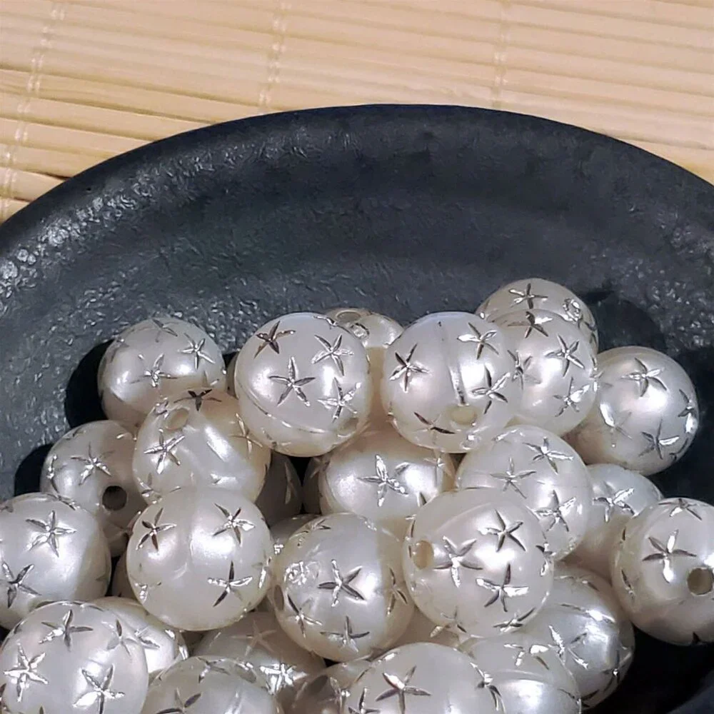 Vintage Retro Gray Silver Stars 12mm Round Acrylic Shabby Chic Beads 10 pcs